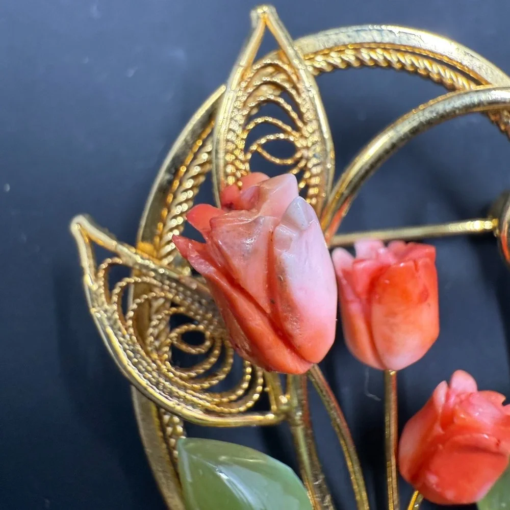 Vintage Tulip‎ Flower Brooch Coral Jade Green Red Gold Tone Oval Pin 2